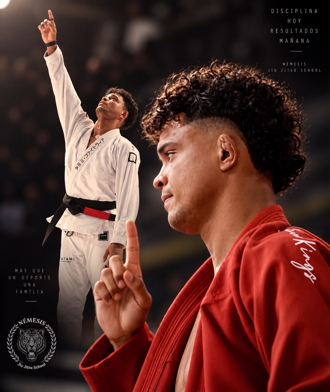 Maestro Gonçalves Jr con kimono, señalando hacia arriba